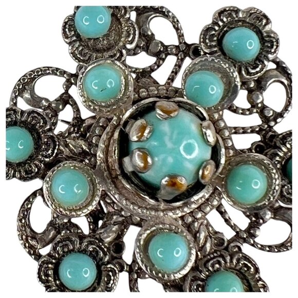 Vintage 1950s Silver Filigree Design Simulated Faux Turquoise Cabochon Brooch - Picture 2 of 6
